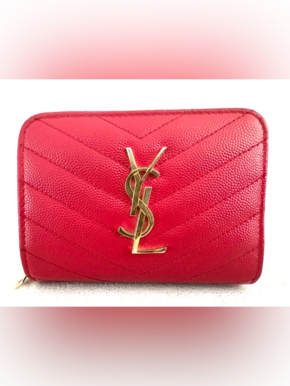 SAINT LAURENT YSL Paris Red Caviar Chevron Compact Bifold Zip Wallet